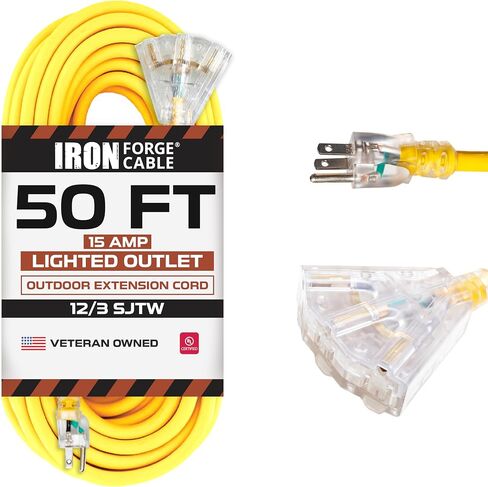 IRON FORGE CABLE 3 أقدام مضاءة في الهواء الطلق سلك تمديد GFCI مع 3 منافذ طاقة كهربائية - 12/3 SJTW كابل تمديد ضفيرة أصفر شديد التحمل مع 3 قابس مؤرض للسلامة، 15 أمبير in Kuwait