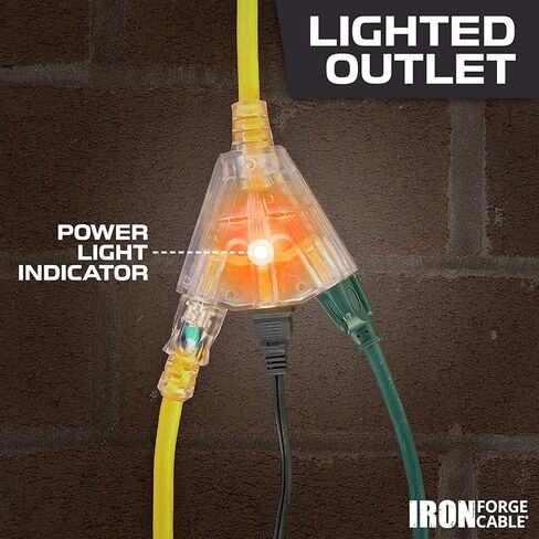 IRON FORGE CABLE 3 أقدام مضاءة في الهواء الطلق سلك تمديد GFCI مع 3 منافذ طاقة كهربائية - 12/3 SJTW كابل تمديد ضفيرة أصفر شديد التحمل مع 3 قابس مؤرض للسلامة، 15 أمبير in Kuwait