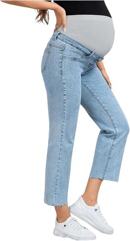SHENHE Women's Maternity Jeans Over Belly High Waist Raw Hem Comfy Stretch Jeans Denim Pants in Kuwait
