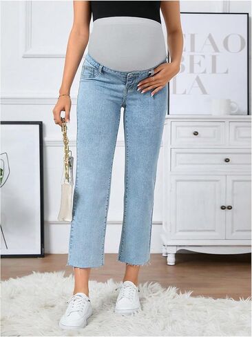 SHENHE Women's Maternity Jeans Over Belly High Waist Raw Hem Comfy Stretch Jeans Denim Pants in Kuwait