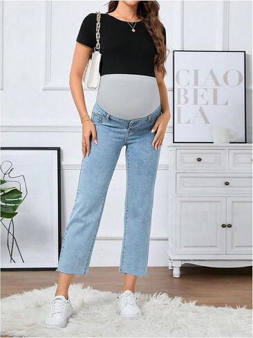 SHENHE Women's Maternity Jeans Over Belly High Waist Raw Hem Comfy Stretch Jeans Denim Pants in Kuwait