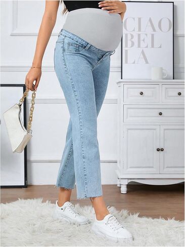 SHENHE Women's Maternity Jeans Over Belly High Waist Raw Hem Comfy Stretch Jeans Denim Pants in Kuwait