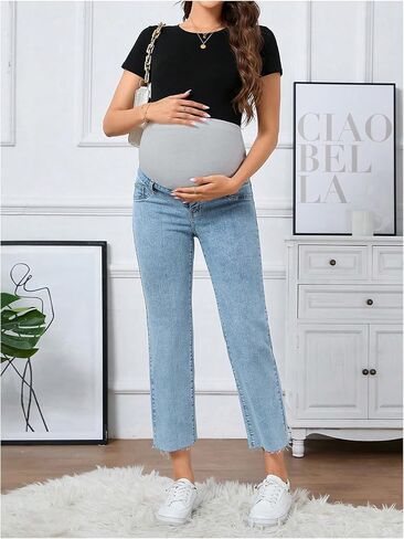 SHENHE Women's Maternity Jeans Over Belly High Waist Raw Hem Comfy Stretch Jeans Denim Pants in Kuwait