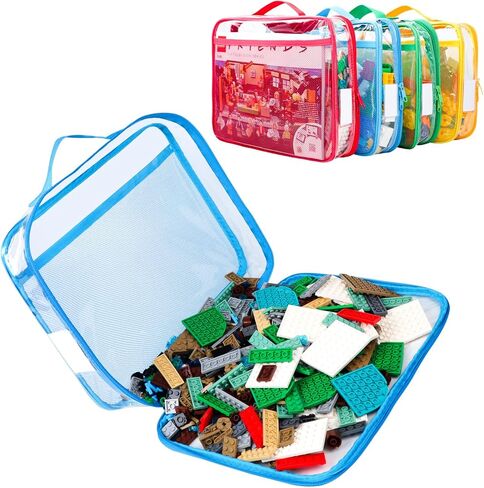 4 Pack Toy Storage Organizer Bag for Lego Bricks, Clear PVC Zippered Block Set with Manual Pocket& Name Tag, Waterproof Toy Carrying Case for Board Games, Building Blocks& Puzzles (Large Black) in Saudi Arabia