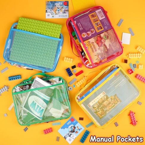 4 Pack Toy Storage Organizer Bag for Lego Bricks, Clear PVC Zippered Block Set with Manual Pocket& Name Tag, Waterproof Toy Carrying Case for Board Games, Building Blocks& Puzzles (Large Black) in Saudi Arabia