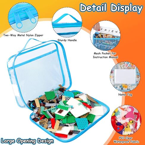 4 Pack Toy Storage Organizer Bag for Lego Bricks, Clear PVC Zippered Block Set with Manual Pocket& Name Tag, Waterproof Toy Carrying Case for Board Games, Building Blocks& Puzzles (Large Black) in Saudi Arabia
