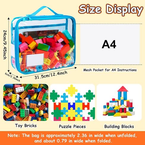 4 Pack Toy Storage Organizer Bag for Lego Bricks, Clear PVC Zippered Block Set with Manual Pocket& Name Tag, Waterproof Toy Carrying Case for Board Games, Building Blocks& Puzzles (Large Black) in Saudi Arabia