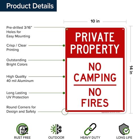 Private Property No Camping No Fires Sign, 10x14 Inches, Rust Free .040 Aluminum, Fade Resistant, Made in USA by My Sign Center in Kuwait