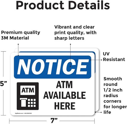 (2 Pack) ATM Available Here OSHA Notice Sign 7 Inch X 5 Inch Vinyl Label Decal Sticker Weather Resistant, UV Protected for Workplace, Business, and Construction Site, Made in the USA in Saudi Arabia