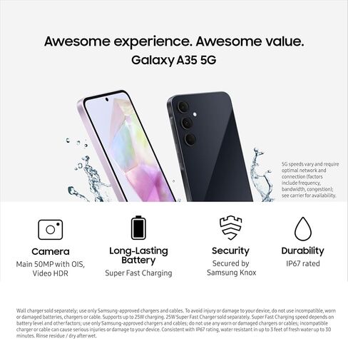هاتف SAMSUNG Galaxy A35 5G A Series، هاتف ذكي يعمل بنظام Android بسعة 128 جيجابايت، شاشة AMOLED، نظام كاميرا ثلاثية متقدم، تخزين قابل للتوسيع، تصميم متين، إصدار الولايات المتحدة، 2024، بحري رائع in Saudi Arabia