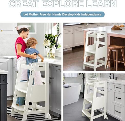 TOETOL الخيزران طفل التعلم خطوة البراز 3 ارتفاع قابل للتعديل المطبخ مكافحة الحضانة الدائمة برج مساعد البراز للأطفال مع حماية ضد الانزلاق (الخشب والرمادي) in Kuwait