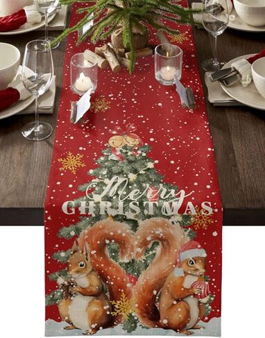 Linen Burlap Christmas Table Runner Dresser Scarves 13"x70", Christmas Tree Snowman and Cardinal Winter Snowflakes Red Black Plaid Kitchen Table Runners for Farmhouse Dinner, Holiday Parties Decor in Kuwait