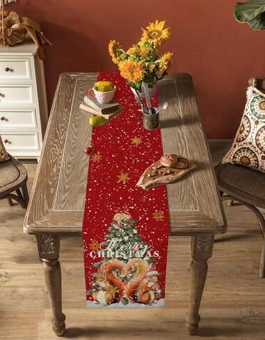 Linen Burlap Christmas Table Runner Dresser Scarves 13"x70", Christmas Tree Snowman and Cardinal Winter Snowflakes Red Black Plaid Kitchen Table Runners for Farmhouse Dinner, Holiday Parties Decor in Kuwait