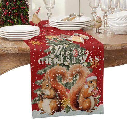 Linen Burlap Christmas Table Runner Dresser Scarves 13"x70", Christmas Tree Snowman and Cardinal Winter Snowflakes Red Black Plaid Kitchen Table Runners for Farmhouse Dinner, Holiday Parties Decor in Kuwait