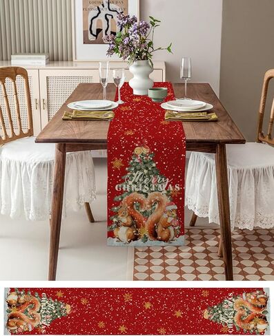 Linen Burlap Christmas Table Runner Dresser Scarves 13"x70", Christmas Tree Snowman and Cardinal Winter Snowflakes Red Black Plaid Kitchen Table Runners for Farmhouse Dinner, Holiday Parties Decor in Kuwait