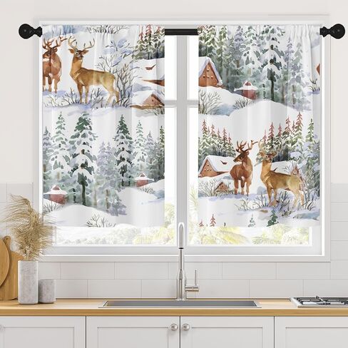 Christmas Kitchen Curtains Deer Window Curtains Over Sink Set of 2, Winter Snow City Short Tier Curtain for Kitchen, Xmas Kitchen Decor 26" x 36" in Kuwait