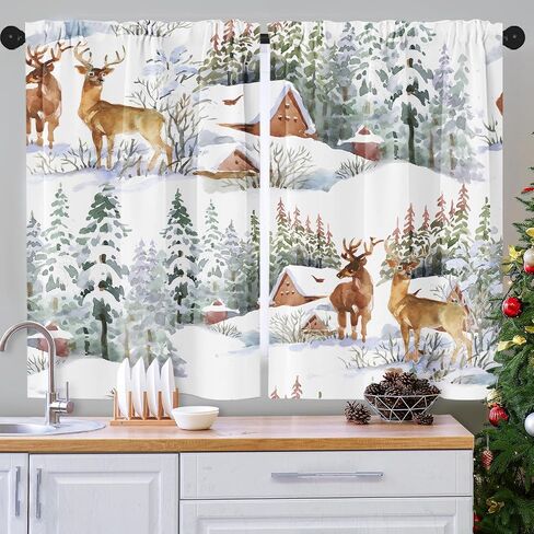 Christmas Kitchen Curtains Deer Window Curtains Over Sink Set of 2, Winter Snow City Short Tier Curtain for Kitchen, Xmas Kitchen Decor 26" x 36" in Kuwait