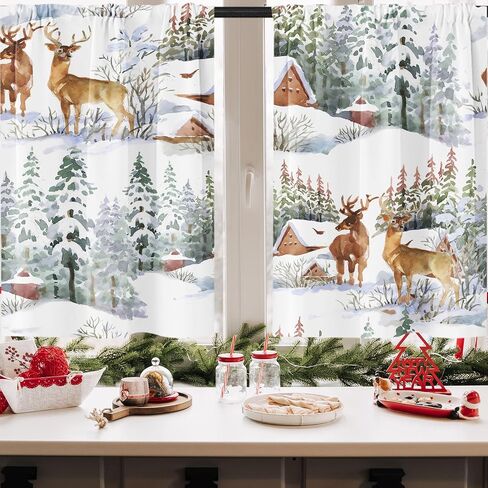 Christmas Kitchen Curtains Deer Window Curtains Over Sink Set of 2, Winter Snow City Short Tier Curtain for Kitchen, Xmas Kitchen Decor 26" x 36" in Kuwait