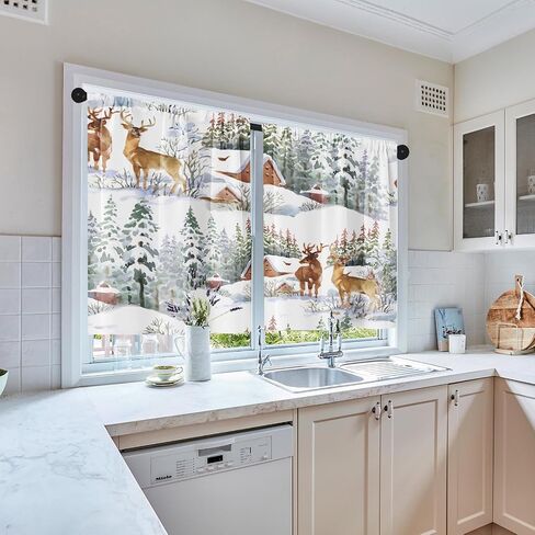 Christmas Kitchen Curtains Deer Window Curtains Over Sink Set of 2, Winter Snow City Short Tier Curtain for Kitchen, Xmas Kitchen Decor 26" x 36" in Kuwait