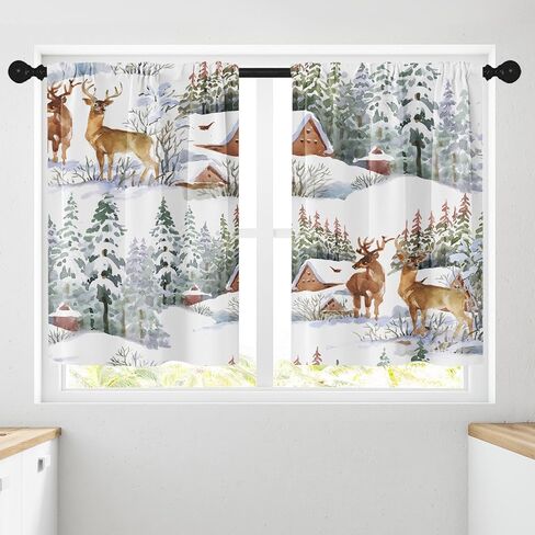 Christmas Kitchen Curtains Deer Window Curtains Over Sink Set of 2, Winter Snow City Short Tier Curtain for Kitchen, Xmas Kitchen Decor 26" x 36" in Kuwait