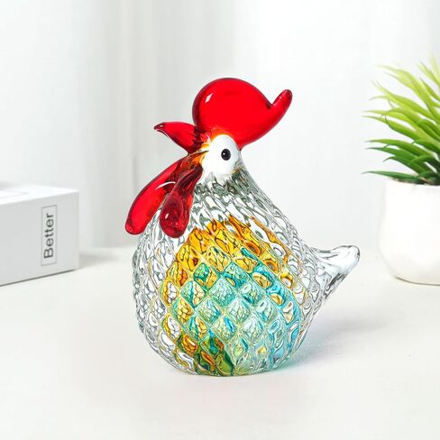 LONGWIN Hand Blown Glass Chicken Statue Aqua Art Glass Rooster Sculpture Collectible Figurine Paperweight Home Decor Ornaments in Saudi Arabia