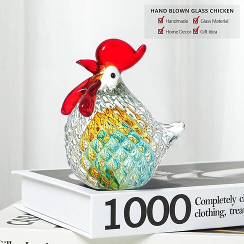 LONGWIN Hand Blown Glass Chicken Statue Aqua Art Glass Rooster Sculpture Collectible Figurine Paperweight Home Decor Ornaments in Saudi Arabia