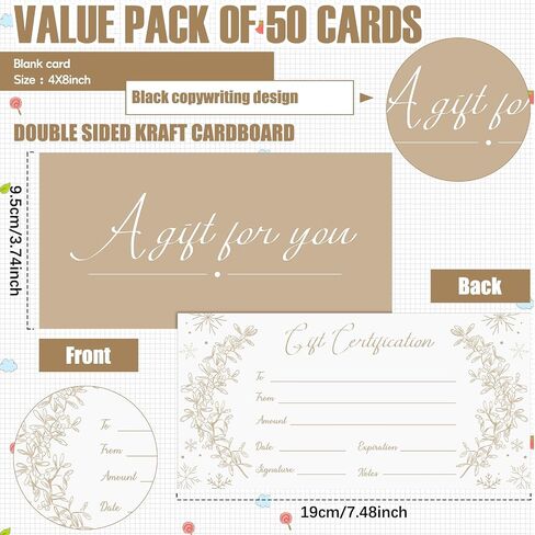 50 Pcs Blank Gift Certificates for Small Businesses 3.75 x 7.5 Inches Kraft Foil Certificate Cards Paper Vouchers for Christmas Hair Salons Spa Bars in Saudi Arabia