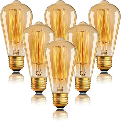 Edison Bulb 40W 120V, ST64 Vintage Incandescent Edison Bulb E26/E27 Base 2200K Amber Warm Yellow Dimmable, Retro Lamp Glass, 6 Pack, Suitable for Outdoor and Indoor in Saudi Arabia