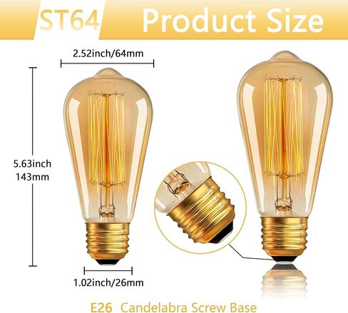 Edison Bulb 40W 120V, ST64 Vintage Incandescent Edison Bulb E26/E27 Base 2200K Amber Warm Yellow Dimmable, Retro Lamp Glass, 6 Pack, Suitable for Outdoor and Indoor in Saudi Arabia