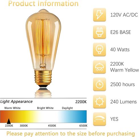 Edison Bulb 40W 120V, ST64 Vintage Incandescent Edison Bulb E26/E27 Base 2200K Amber Warm Yellow Dimmable, Retro Lamp Glass, 6 Pack, Suitable for Outdoor and Indoor in Saudi Arabia
