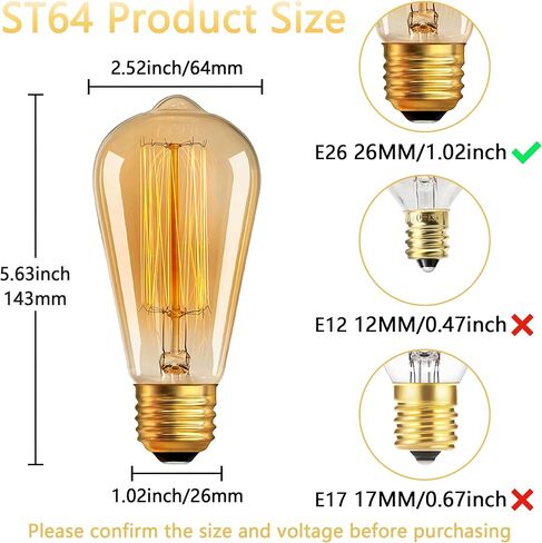 Edison Bulb 40W 120V, ST64 Vintage Incandescent Edison Bulb E26/E27 Base 2200K Amber Warm Yellow Dimmable, Retro Lamp Glass, 6 Pack, Suitable for Outdoor and Indoor in Saudi Arabia