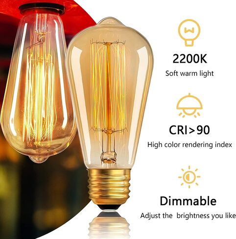 Edison Bulb 40W 120V, ST64 Vintage Incandescent Edison Bulb E26/E27 Base 2200K Amber Warm Yellow Dimmable, Retro Lamp Glass, 6 Pack, Suitable for Outdoor and Indoor in Saudi Arabia