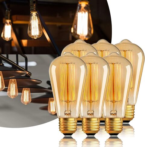 Edison Bulb 40W 120V, ST64 Vintage Incandescent Edison Bulb E26/E27 Base 2200K Amber Warm Yellow Dimmable, Retro Lamp Glass, 6 Pack, Suitable for Outdoor and Indoor in Saudi Arabia