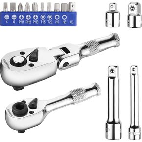 WORKPRO Flex Head Stubby Ratchet & Bit Driver Set 16 PCS, 1/4", 3/8" Drive Ratchet Handle Wrench, 72-T Quick-Release Reversible Socket Wrench, 2 Socket Adapters, 2 Extension Bars, 10 PCS 1/4" Hex Bits