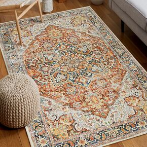 Washable Round Area Rugs with Colorful Print for Bedroom,Living Room Circle Vintage Rug with Non-Slip Backing,Soft Floor Decoration Carpet Mat for Home Entryway (Red/Blue, 4')