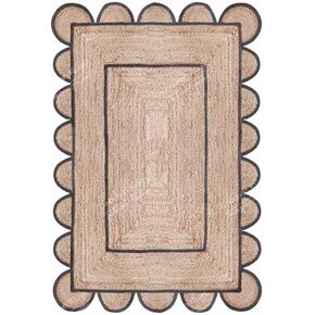 Area Rug Natural Jute Hand Braided Rug Green Scalloped Runner