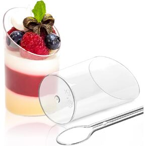 TOFLEN 50 Pack Mini Dessert Cups with Spoons - 2.2 oz Clear Plastic Parfait Cups Reusable Party Serving Cups for Appetizers - Round Slanted Dessert Shot Glasses