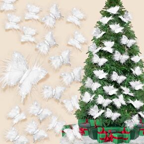 24 Pcs 3D Christmas Glitter White Butterflies Ornaments White Feather Butterfly with Glitters Clip on Artificial Butterflies Decorations for Christmas Tree Wreaths Wedding Birthday(Silver)