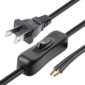 Lamp Cord has Button Switch UL304 2A/120V,Plug,Stripped Ends Ready for Wiring 18 AWG SPT-2, Black (12FT)