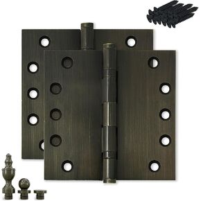 Solid Brass Door Hinge Heavy Duty Ball Bearing Polished Shiny Gold 5x5 Inch with Decorative Screw-on Tips Included - Set of 4 Hinges (Polished Brass)