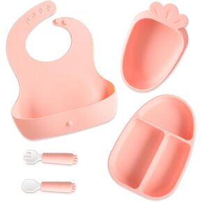 Silicone Baby Feeding Set, Baby Led Weaning Supplies with Suction Bowl Divided Plate, Toddler Self Feeding Dish Set with Bib and Plate, Spoon and Fork, Sippy Cup and Lid Cute Bunny Blue
