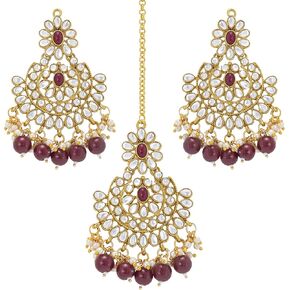 Aheli Gold Plated Kundan Pearl Chandbali Earring Maang Tikka Jewellery Set for Women