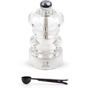 Peugeot - Nancy Acrylic Manual Salt Mill - Transparent Adjustable Grinder Gift Set- With Stainless Steel Spice Scoop/Bag Clip, 3.5 Inch
