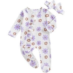 Newborn Outfits Baby Girl Floral Print Ruffle Romper Jumpsuit Long Sleeve Zipper Bodysuit Fall Winter Clothes