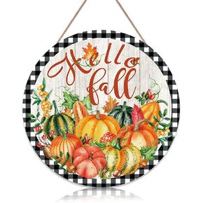 CHDITB Hello Fall Harvest لافتة باب خشبية، علامة شرفة الخريف الريفية لعيد الشكر (12 بوصة × 12 بوصة)، أوراق القيقب والقرع والتوت، لوحة معلقة على الحائط للباب الأمامي، شرفة المزرعة، ساحة الحديقة in Kuwait