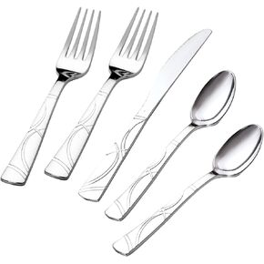 I00000 300pcs Silver Plastic Silverware - Silver Plastic Cutlery Set - Disposable Flatware Dinnerware Includes 100 Silver Forks, 100 Silver Spoons, 100 Silver Knives Plastic Utensils for Party&Wedding