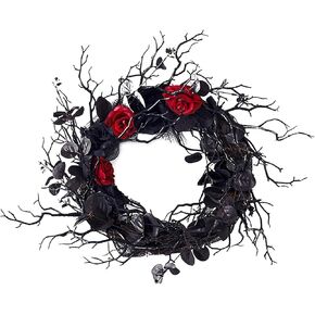 Black Rose Wreath,Door Wreath Skull Wreath Simulation Wire Silk Cloth Flower Wreath for Home Party Door Hanging Decor (220615DJ03-1)