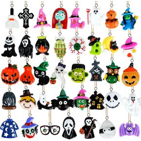 56Pcs Halloween Hanging Ornaments, Tiny Halloween Resin Charm Pendants Miniatures Figurines with Golden String for Mini Halloween Tree Decorations Holiday Party Decor