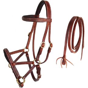 Horse Western Leather Tack Studded Bitless Sidepull Bridle Reins 77RS03