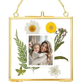 Double Glass pressed flower frame Handmade, Hanging Glass Photo Frame, Floating Picture Frames, Brass Clear Glass Frame for Dried flowers Plants Artwork, Square, Gold, 4x4 (FRAME ONLY)